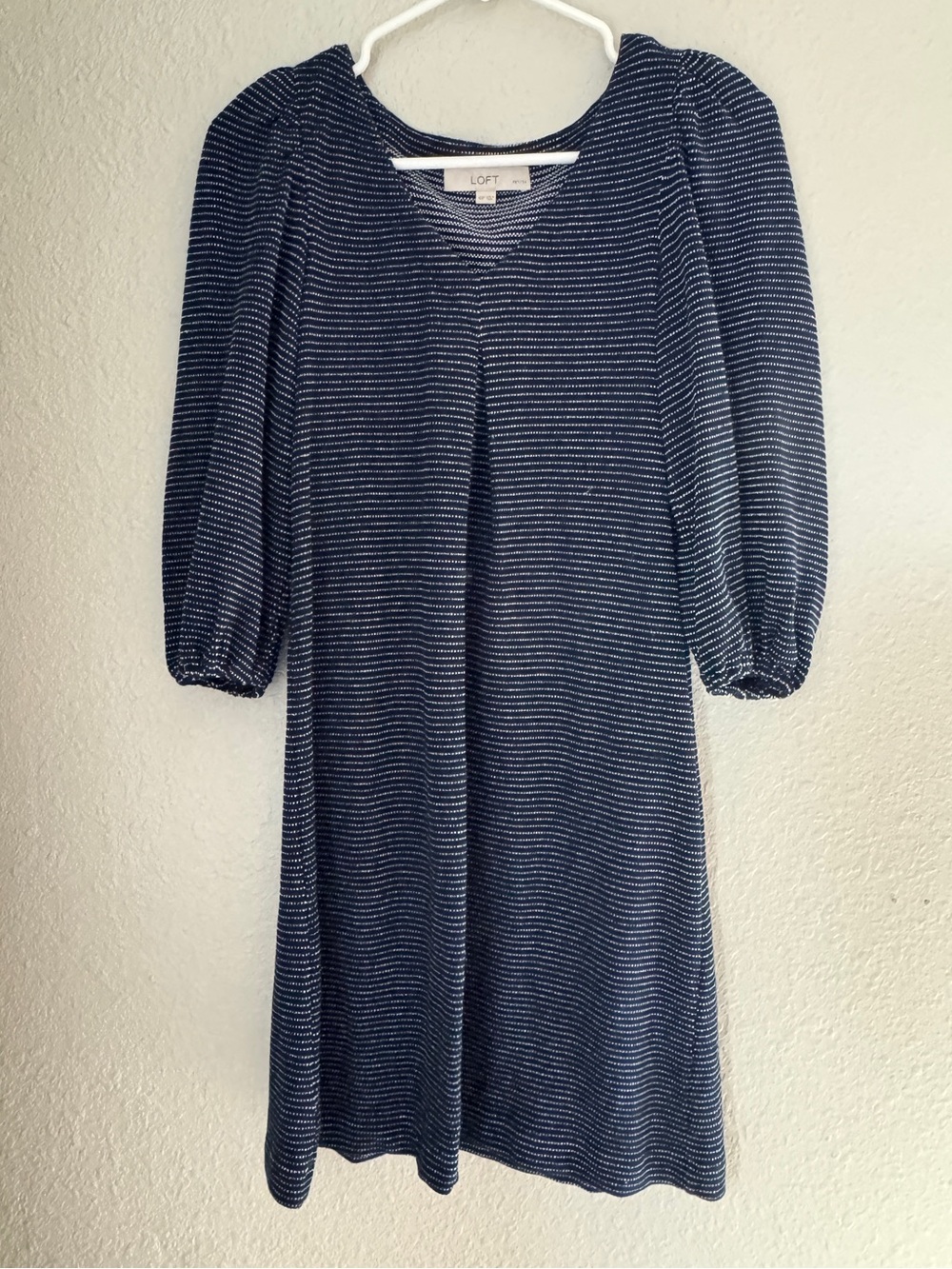 LOFT Navy Striped Puff-Sleeve Dress XSP